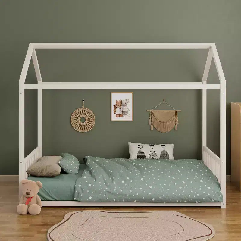 Twin/Full Size Montessori Metal Floor Bed Frame, House Shaped Platform Bed with Vertical Safety Guardrails for Kids/Toddlers - ModernLuxe