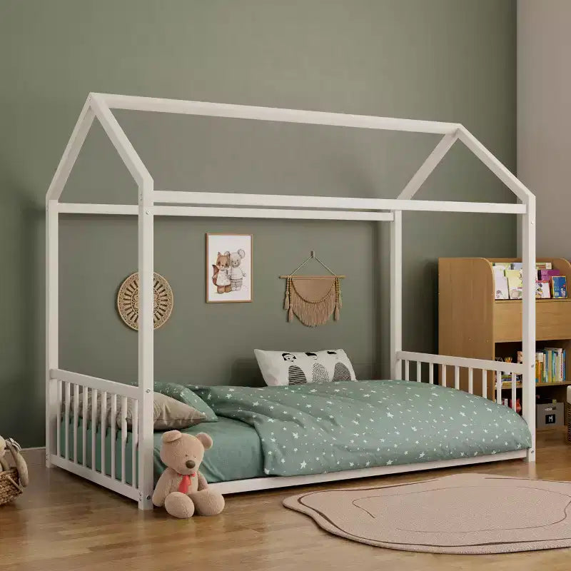 Twin/Full Size Montessori Metal Floor Bed Frame, House Shaped Platform Bed with Vertical Safety Guardrails for Kids/Toddlers - ModernLuxe