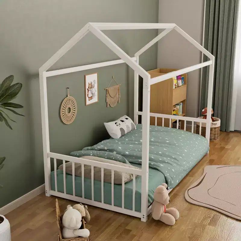 Twin/Full Size Montessori Metal Floor Bed Frame, House Shaped Platform Bed with Vertical Safety Guardrails for Kids/Toddlers - ModernLuxe