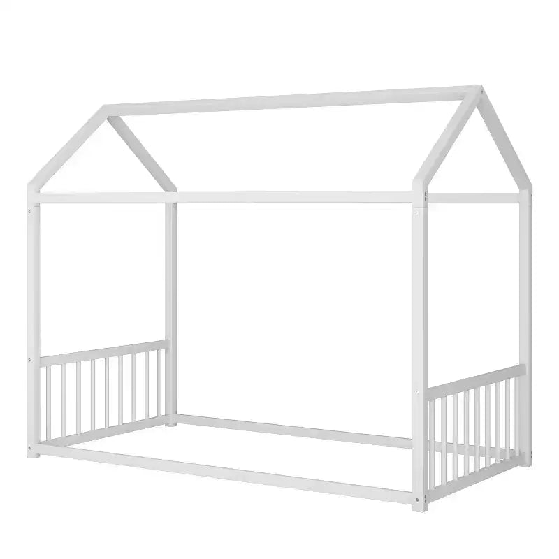 Twin/Full Size Montessori Metal Floor Bed Frame, House Shaped Platform Bed with Vertical Safety Guardrails for Kids/Toddlers - ModernLuxe