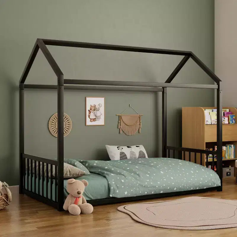 Twin/Full Size Montessori Metal Floor Bed Frame, House Shaped Platform Bed with Vertical Safety Guardrails for Kids/Toddlers - ModernLuxe