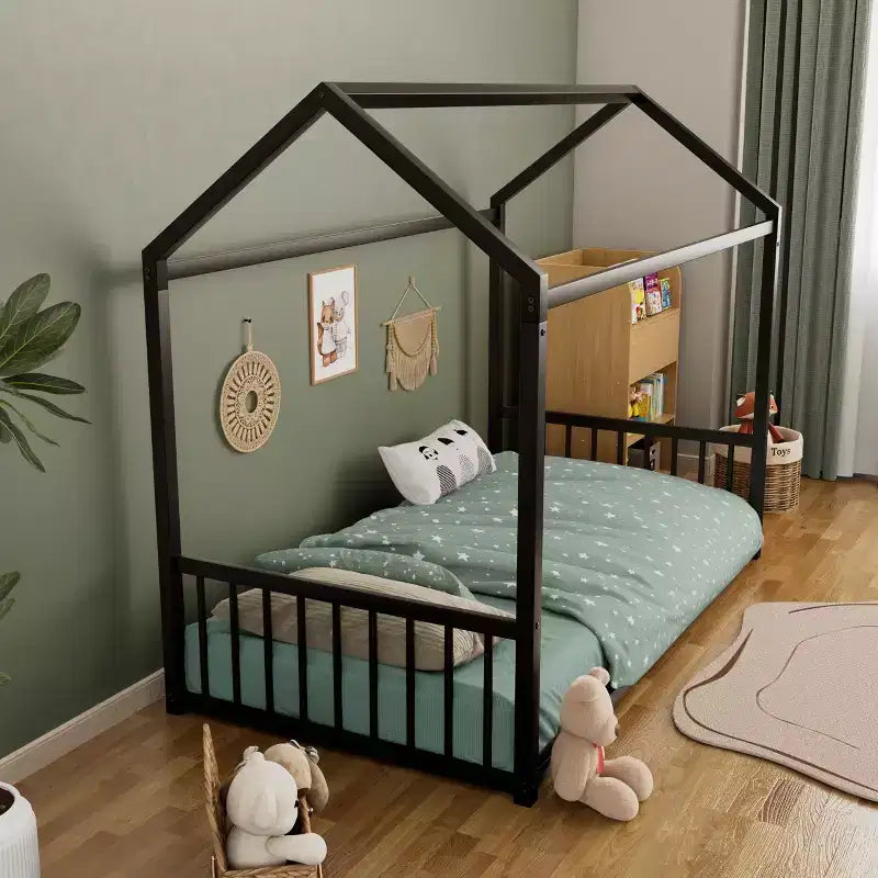 Twin/Full Size Montessori Metal Floor Bed Frame, House Shaped Platform Bed with Vertical Safety Guardrails for Kids/Toddlers - ModernLuxe