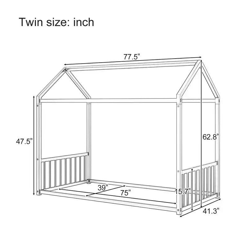 Twin/Full Size Montessori Metal Floor Bed Frame, House Shaped Platform Bed with Vertical Safety Guardrails for Kids/Toddlers - ModernLuxe