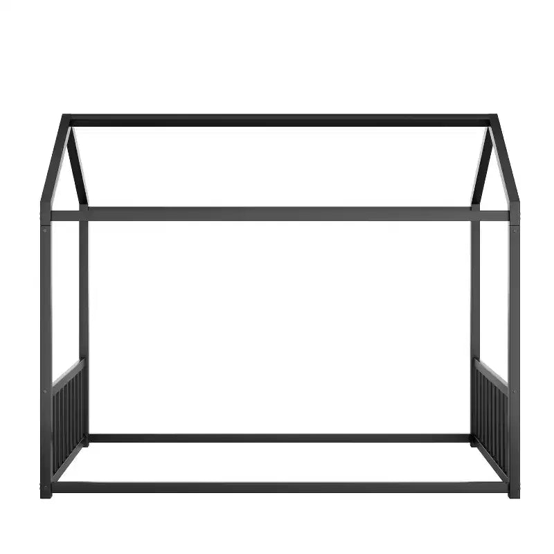 Twin/Full Size Montessori Metal Floor Bed Frame, House Shaped Platform Bed with Vertical Safety Guardrails for Kids/Toddlers - ModernLuxe