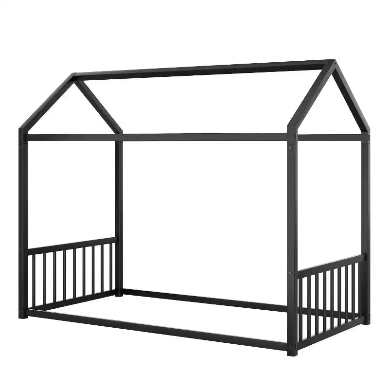 Twin/Full Size Montessori Metal Floor Bed Frame, House Shaped Platform Bed with Vertical Safety Guardrails for Kids/Toddlers - ModernLuxe