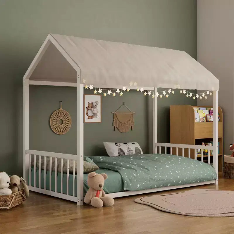 Twin/Full Size Montessori Metal Floor Bed Frame, House Shaped Platform Bed with Vertical Safety Guardrails for Kids/Toddlers - ModernLuxe