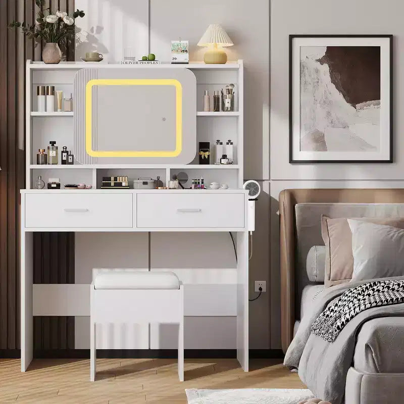 Makeup Vanity Desk with Sliding Mirror, Modern Makeup Vanity, 2 Drawer and Soft Cushioned Stool, 3 Lighting Modes Adjustable, for Bedroom