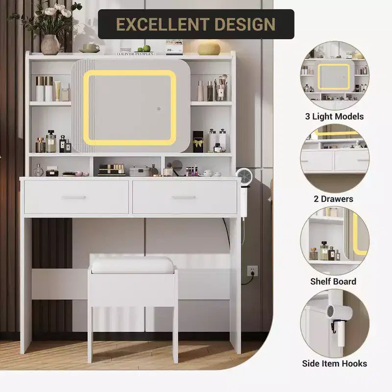 Makeup Vanity Desk with Sliding Mirror, Modern Makeup Vanity, 2 Drawer and Soft Cushioned Stool, 3 Lighting Modes Adjustable, for Bedroom
