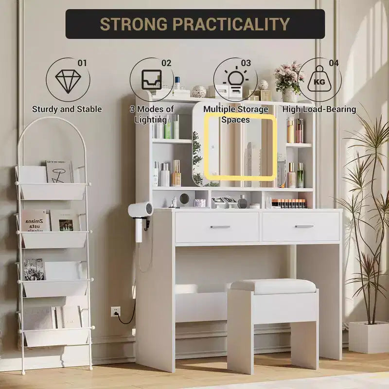 Makeup Vanity Desk with Sliding Mirror, Modern Makeup Vanity, 2 Drawer and Soft Cushioned Stool, 3 Lighting Modes Adjustable, for Bedroom