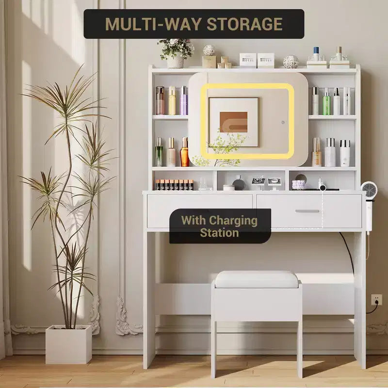 Makeup Vanity Desk with Sliding Mirror, Modern Makeup Vanity, 2 Drawer and Soft Cushioned Stool, 3 Lighting Modes Adjustable, for Bedroom