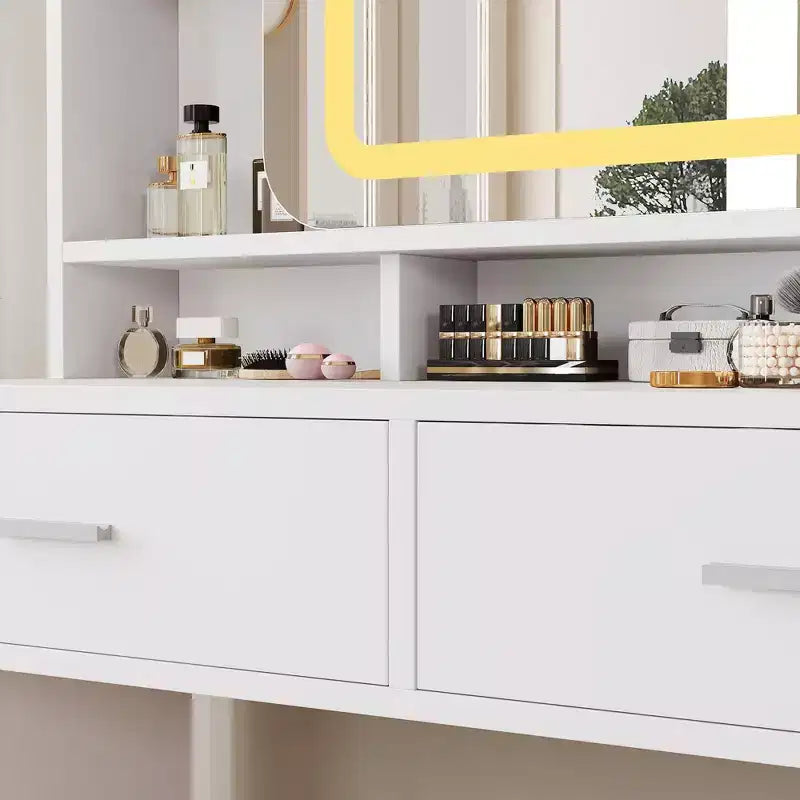 Makeup Vanity Desk with Sliding Mirror, Modern Makeup Vanity, 2 Drawer and Soft Cushioned Stool, 3 Lighting Modes Adjustable, for Bedroom