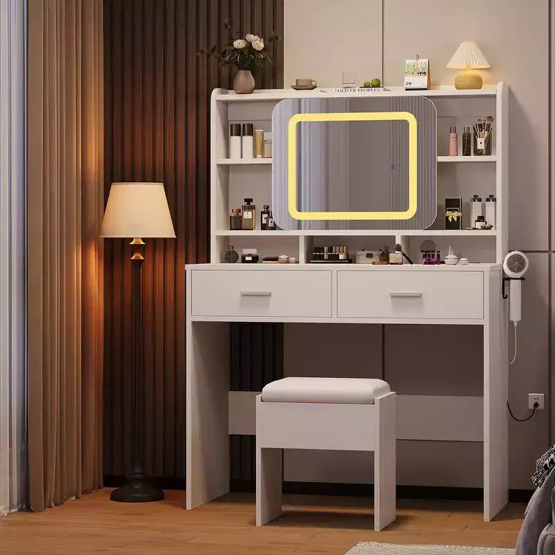 Makeup Vanity Desk with Sliding Mirror, Modern Makeup Vanity, 2 Drawer and Soft Cushioned Stool, 3 Lighting Modes Adjustable, for Bedroom