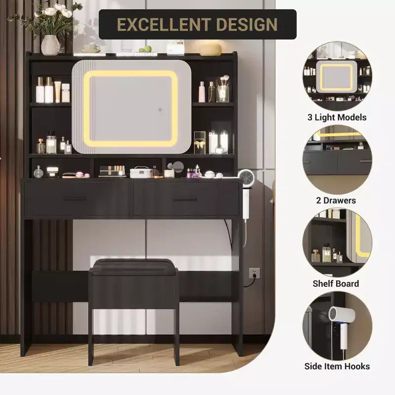 Makeup Vanity Desk with Sliding Mirror, Modern Makeup Vanity, 2 Drawer and Soft Cushioned Stool, 3 Lighting Modes Adjustable, for Bedroom