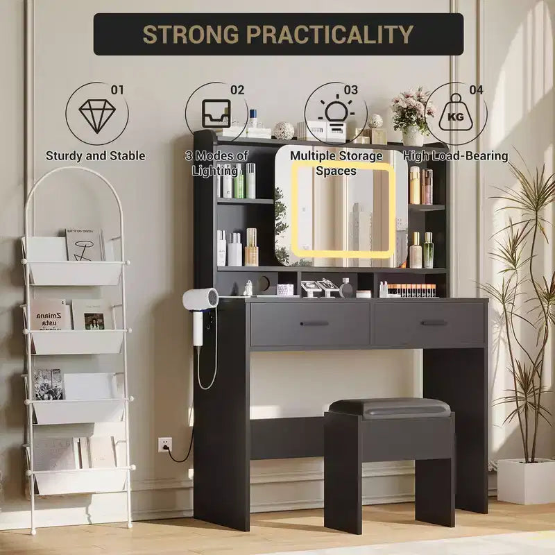 Makeup Vanity Desk with Sliding Mirror, Modern Makeup Vanity, 2 Drawer and Soft Cushioned Stool, 3 Lighting Modes Adjustable, for Bedroom