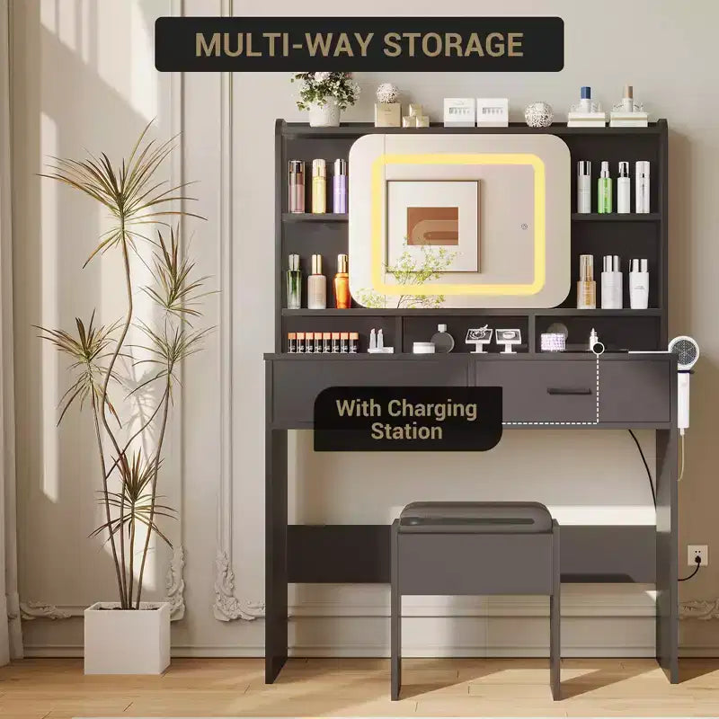 Makeup Vanity Desk with Sliding Mirror, Modern Makeup Vanity, 2 Drawer and Soft Cushioned Stool, 3 Lighting Modes Adjustable, for Bedroom
