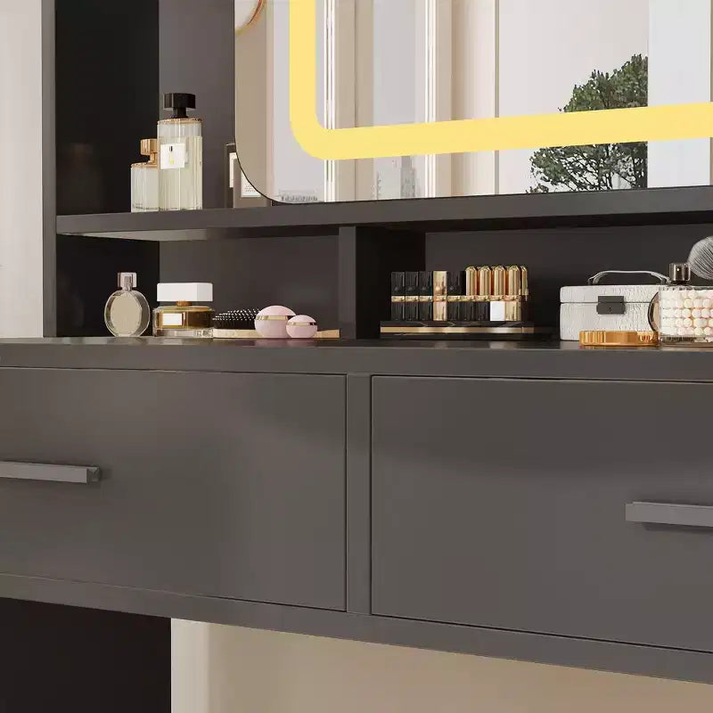 Makeup Vanity Desk with Sliding Mirror, Modern Makeup Vanity, 2 Drawer and Soft Cushioned Stool, 3 Lighting Modes Adjustable, for Bedroom