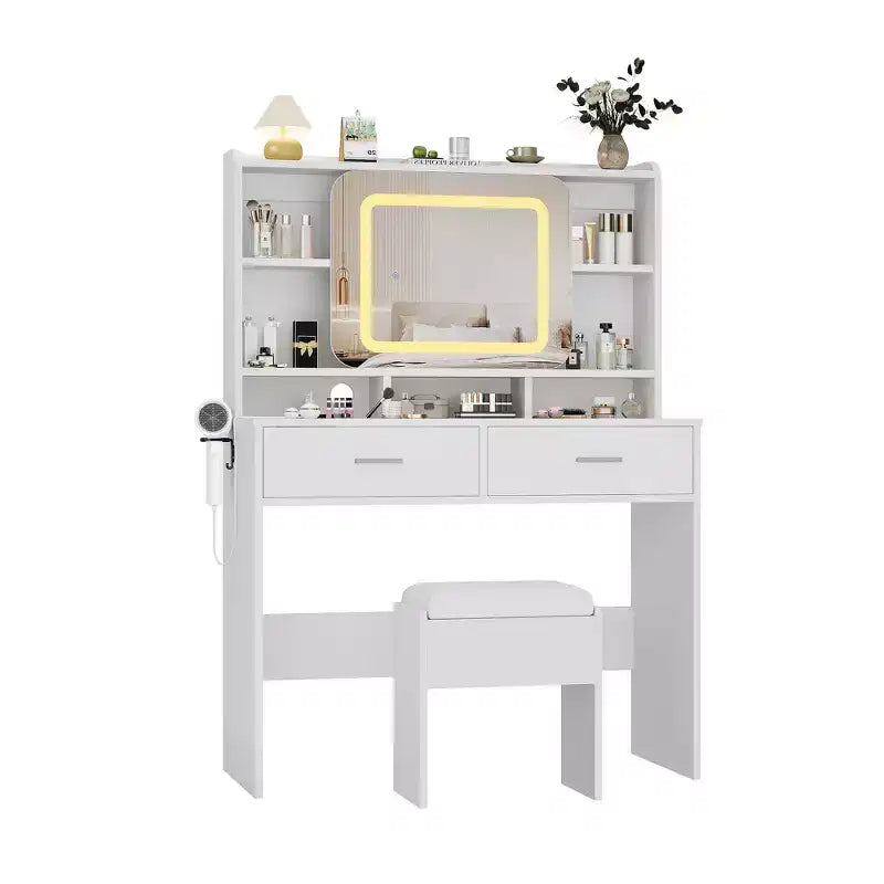 Makeup Vanity Desk with Sliding Mirror, Modern Makeup Vanity, 2 Drawer and Soft Cushioned Stool, 3 Lighting Modes Adjustable, for Bedroom