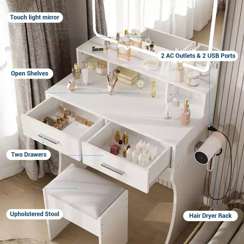 31.5 Large Makeup Vanity Desk with Mirror and Lights, 2 Drawers, Stool, 3 Color Lighting Modes, Modern Dressing Table for Bedroom