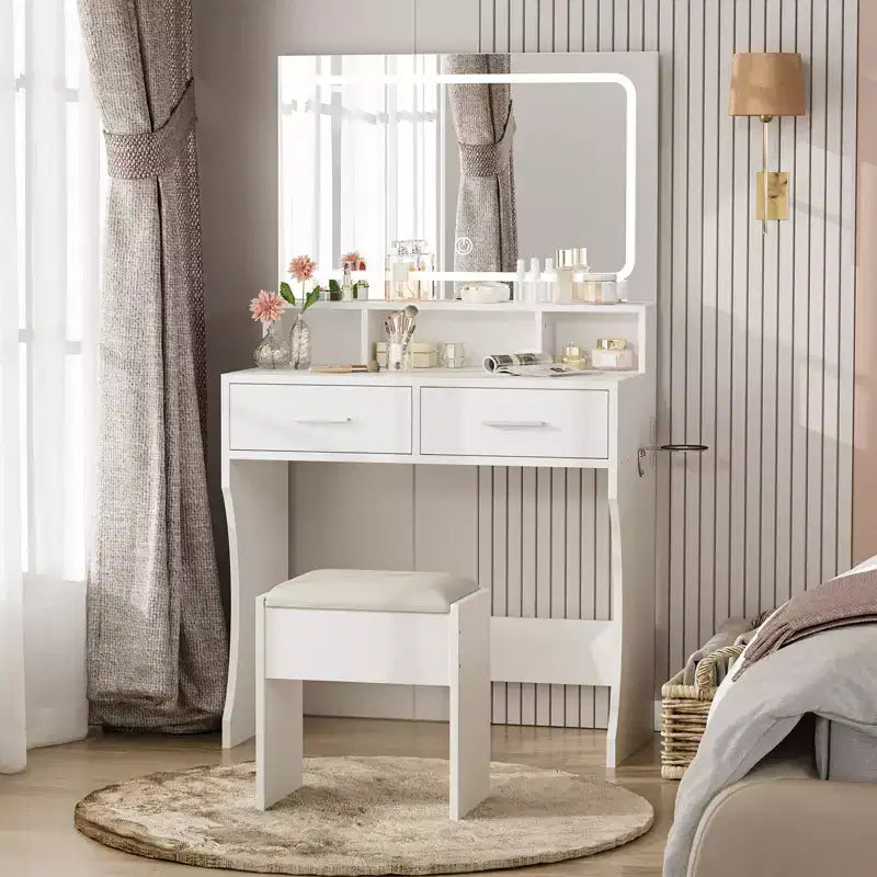 31.5 Large Makeup Vanity Desk with Mirror and Lights, 2 Drawers, Stool, 3 Color Lighting Modes, Modern Dressing Table for Bedroom