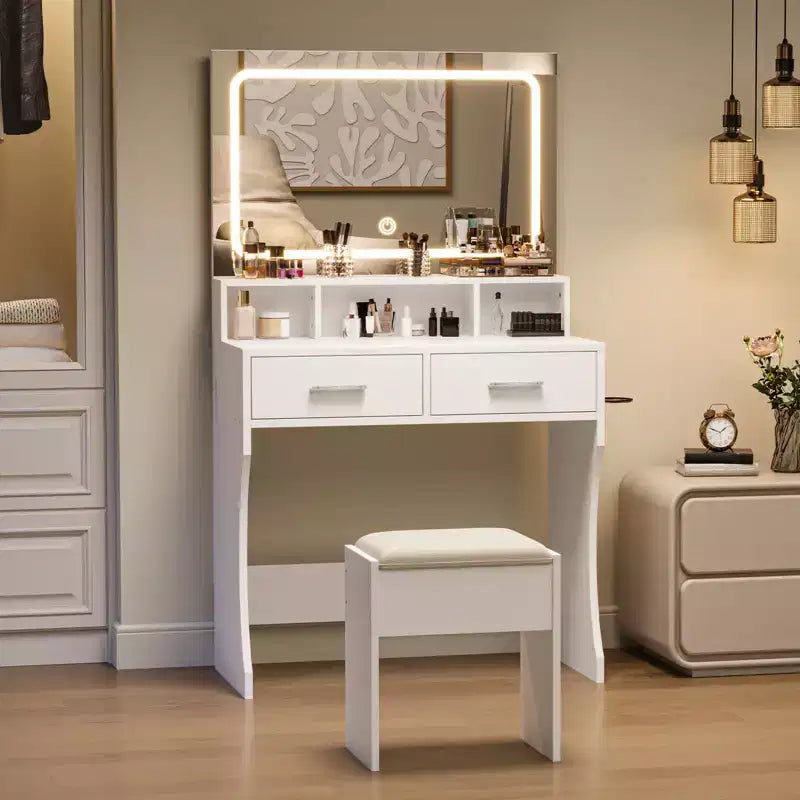 31.5 Large Makeup Vanity Desk with Mirror and Lights, 2 Drawers, Stool, 3 Color Lighting Modes, Modern Dressing Table for Bedroom
