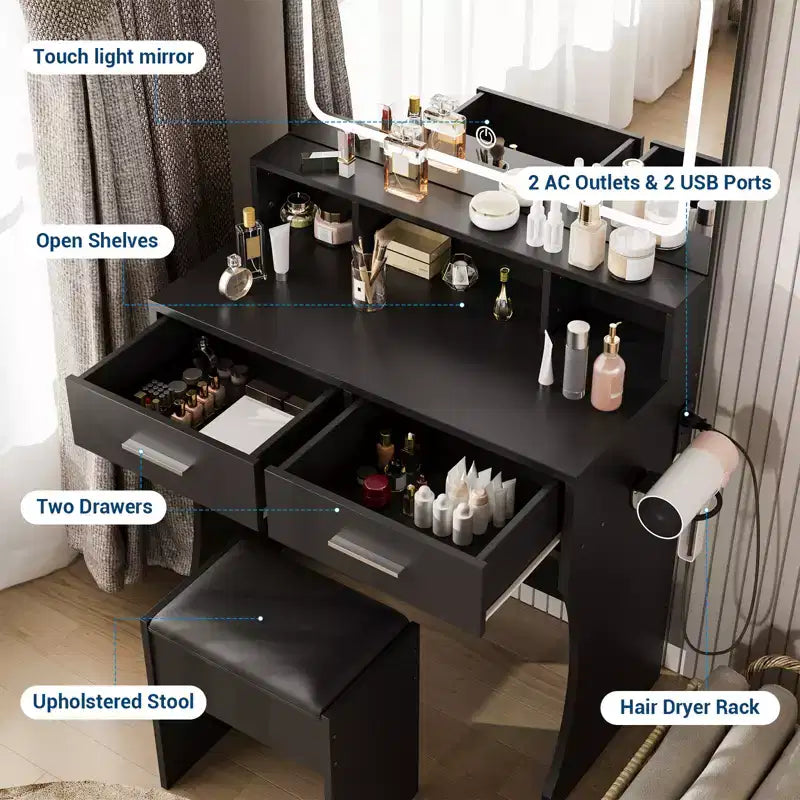 31.5 Large Makeup Vanity Desk with Mirror and Lights, 2 Drawers, Stool, 3 Color Lighting Modes, Modern Dressing Table for Bedroom