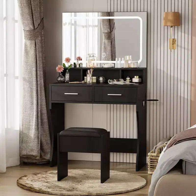 31.5 Large Makeup Vanity Desk with Mirror and Lights, 2 Drawers, Stool, 3 Color Lighting Modes, Modern Dressing Table for Bedroom