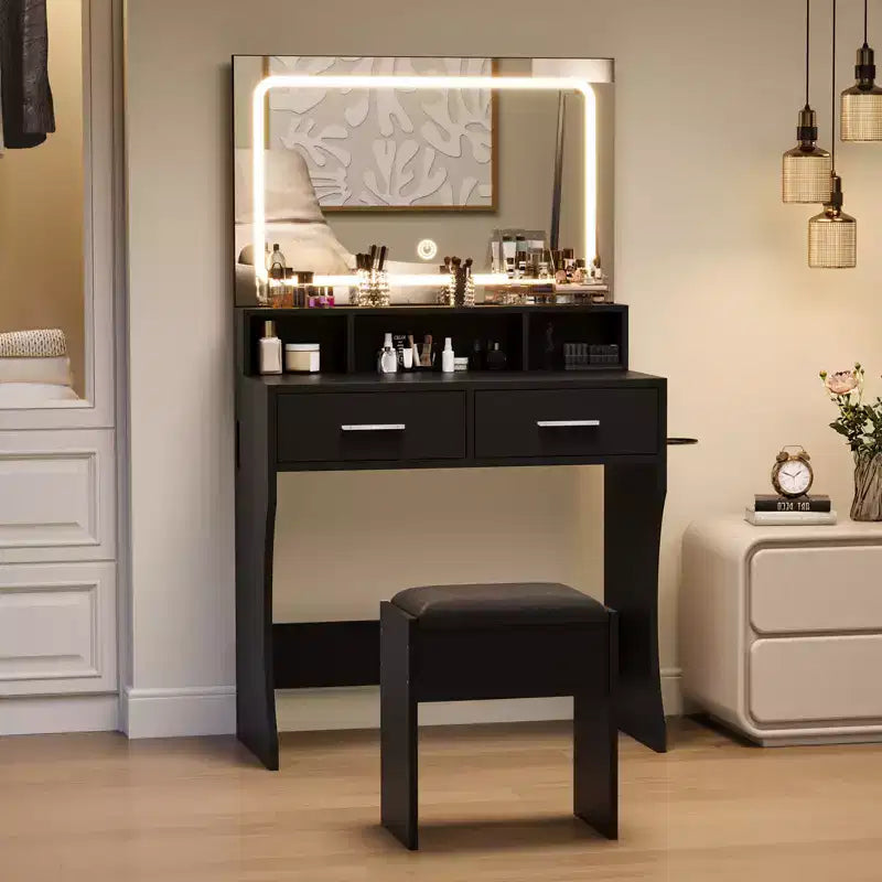 31.5 Large Makeup Vanity Desk with Mirror and Lights, 2 Drawers, Stool, 3 Color Lighting Modes, Modern Dressing Table for Bedroom