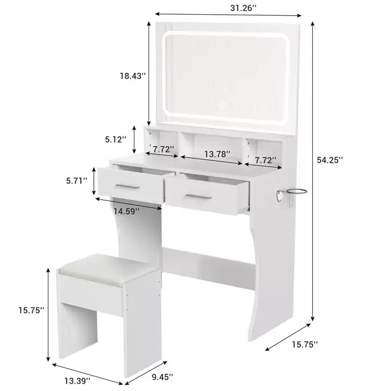 31.5 Large Makeup Vanity Desk with Mirror and Lights, 2 Drawers, Stool, 3 Color Lighting Modes, Modern Dressing Table for Bedroom