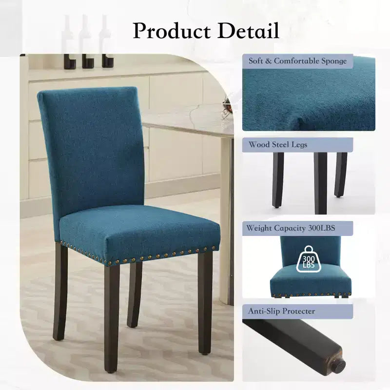 Set of 2 Fabric Parsons Dining Chairs with Nailhead Trim and Sturdy Wood Legs for Dining Room/Restaurant/Hotel