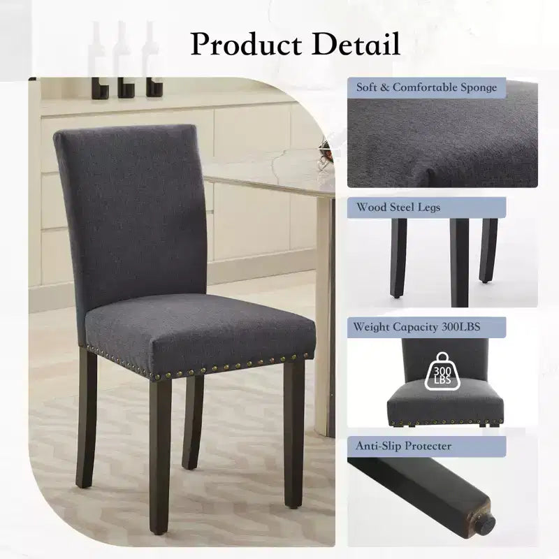 Set of 2 Fabric Parsons Dining Chairs with Nailhead Trim and Sturdy Wood Legs for Dining Room/Restaurant/Hotel
