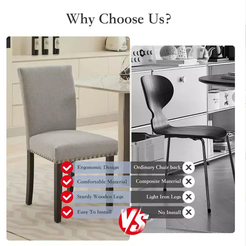 Set of 2 Fabric Parsons Dining Chairs with Nailhead Trim and Sturdy Wood Legs for Dining Room/Restaurant/Hotel
