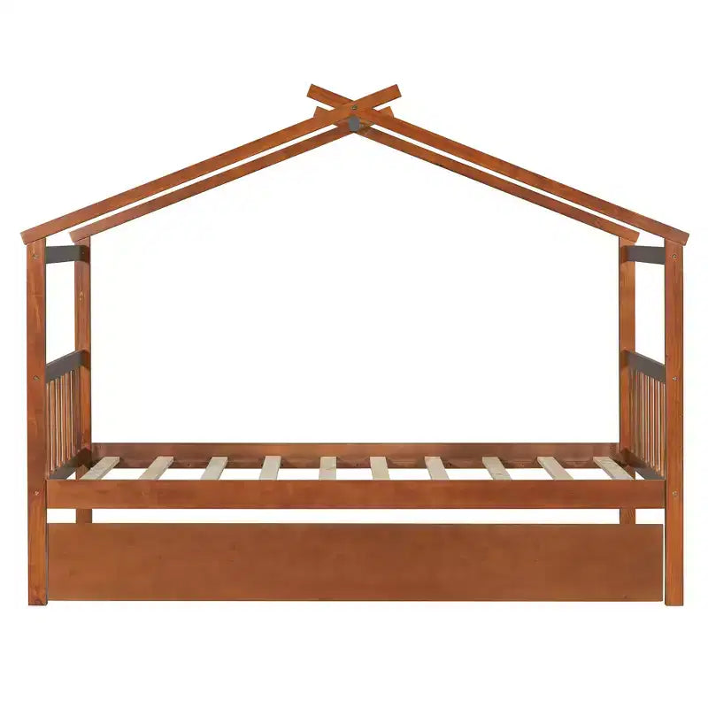 Bellemave Twin Wooden House Bed Frame with Roof, Playhouse Bed with Trundle,Walnut