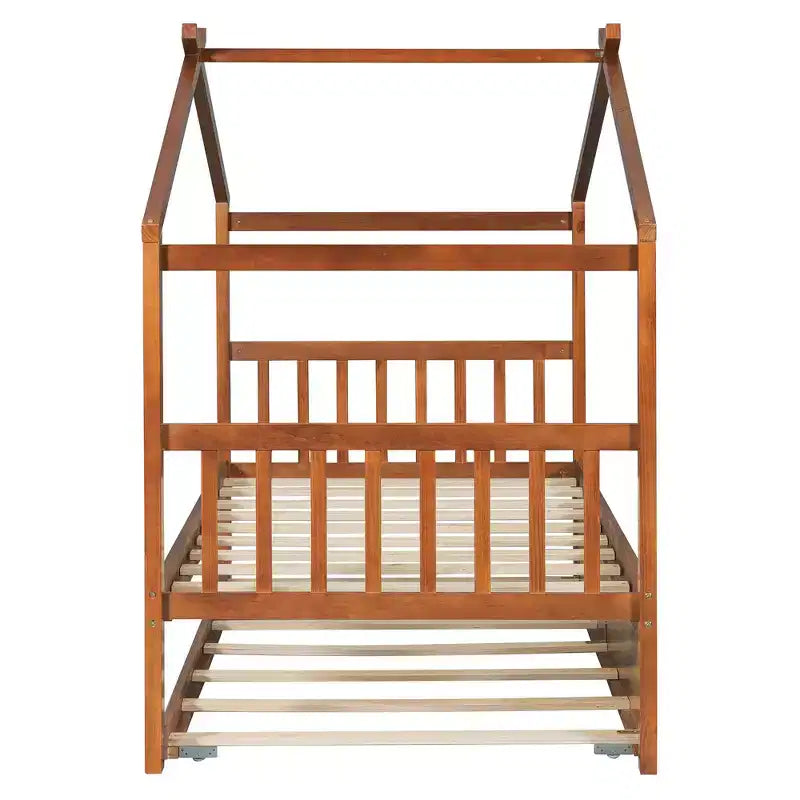 Bellemave Twin Wooden House Bed Frame with Roof, Playhouse Bed with Trundle,Walnut