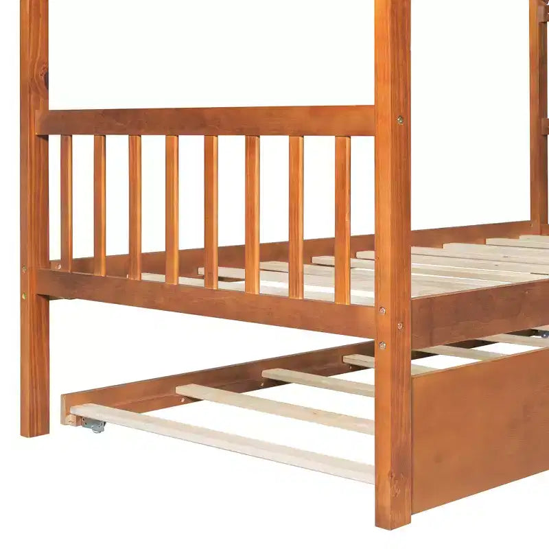 Bellemave Twin Wooden House Bed Frame with Roof, Playhouse Bed with Trundle,Walnut