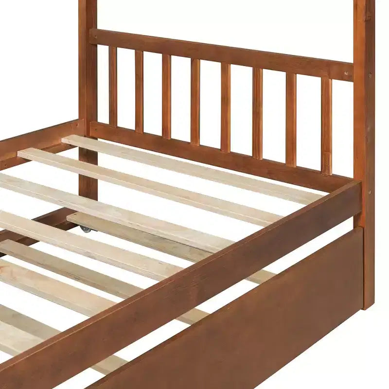 Bellemave Twin Wooden House Bed Frame with Roof, Playhouse Bed with Trundle,Walnut
