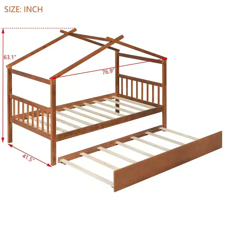 Bellemave Twin Wooden House Bed Frame with Roof, Playhouse Bed with Trundle,Walnut