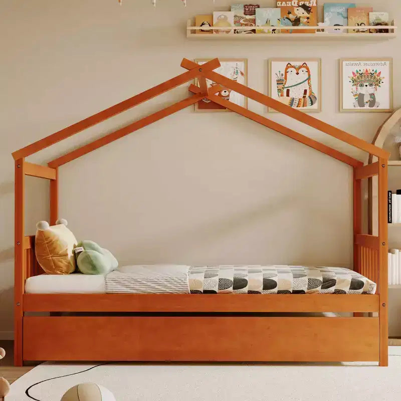 Bellemave Twin Wooden House Bed Frame with Roof, Playhouse Bed with Trundle,Walnut