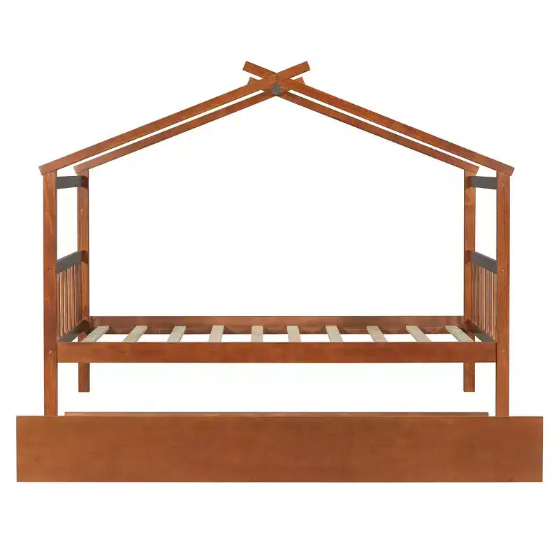 Bellemave Twin Wooden House Bed Frame with Roof, Playhouse Bed with Trundle,Walnut