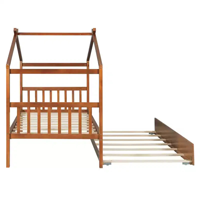 Bellemave Twin Wooden House Bed Frame with Roof, Playhouse Bed with Trundle,Walnut