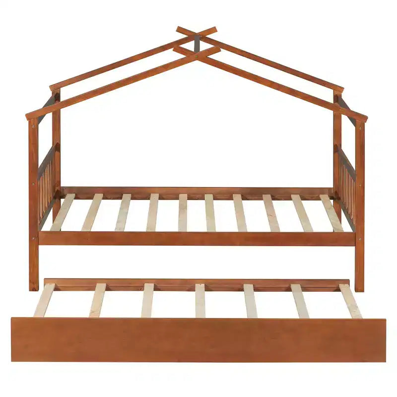 Bellemave Twin Wooden House Bed Frame with Roof, Playhouse Bed with Trundle,Walnut