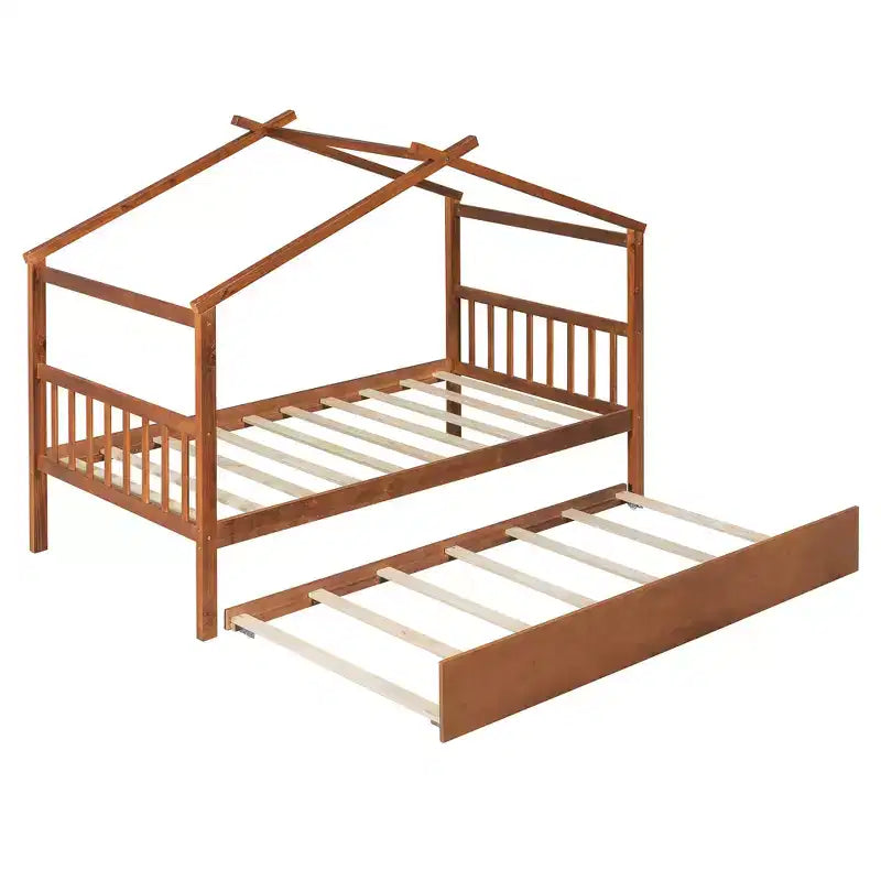 Bellemave Twin Wooden House Bed Frame with Roof, Playhouse Bed with Trundle,Walnut