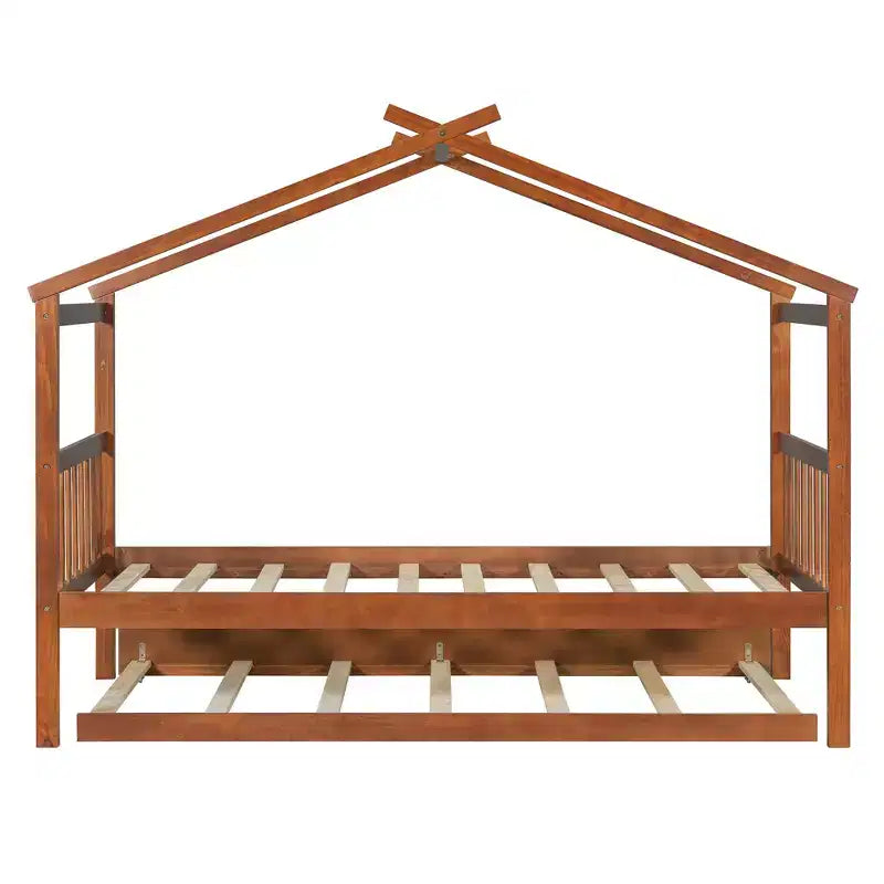 Bellemave Twin Wooden House Bed Frame with Roof, Playhouse Bed with Trundle,Walnut