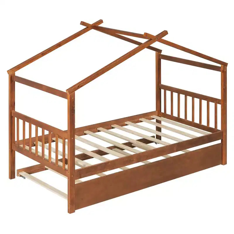 Bellemave Twin Wooden House Bed Frame with Roof, Playhouse Bed with Trundle,Walnut