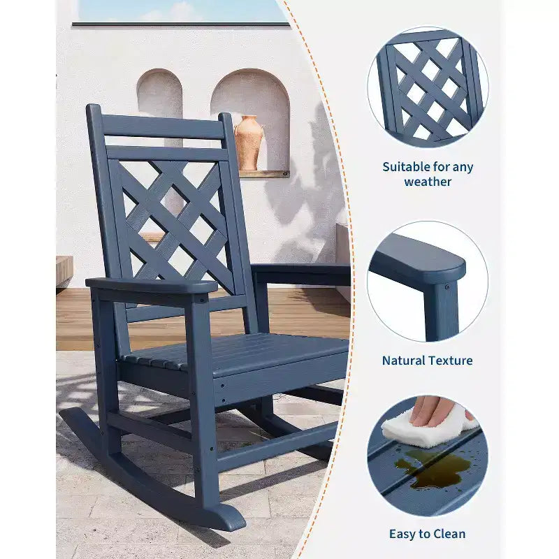 Outdoor Rocking Chair, HDPE Weather Resistant Patio Rocking Chair Porch Rocker with Wood Texture & 380Lbs Support for Deck, Pool, Backyard, Black