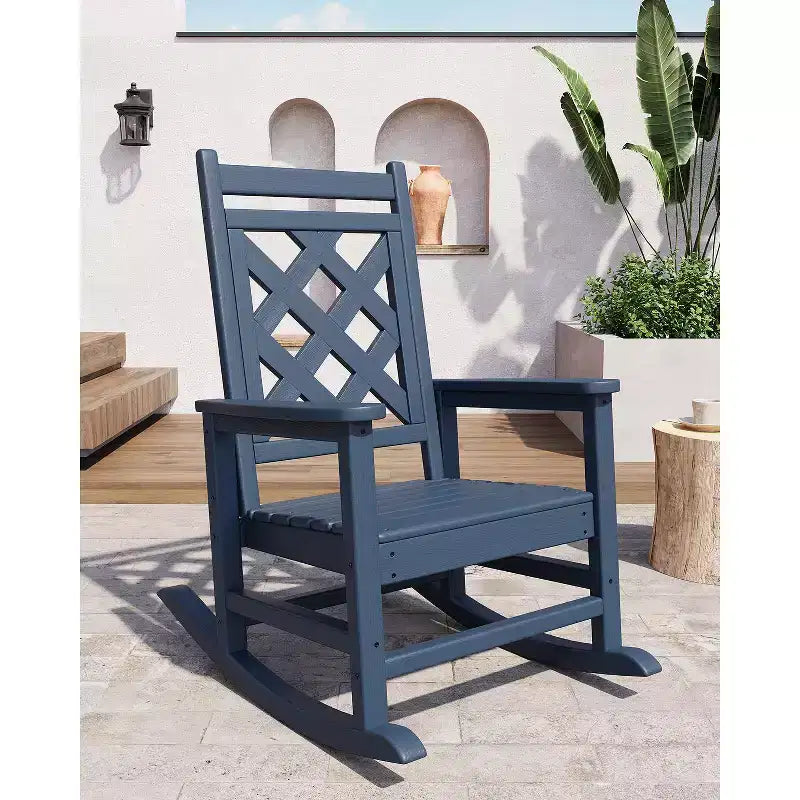 Outdoor Rocking Chair, HDPE Weather Resistant Patio Rocking Chair Porch Rocker with Wood Texture & 380Lbs Support for Deck, Pool, Backyard, Black