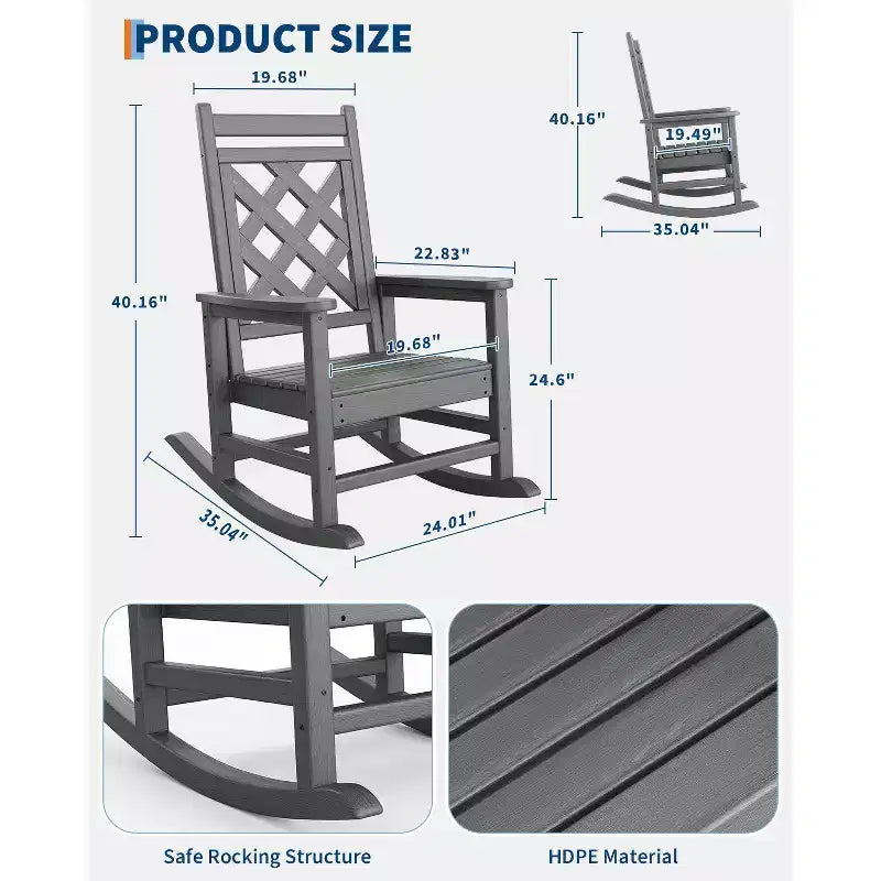 Outdoor Rocking Chair, HDPE Weather Resistant Patio Rocking Chair Porch Rocker with Wood Texture & 380Lbs Support for Deck, Pool, Backyard, Black