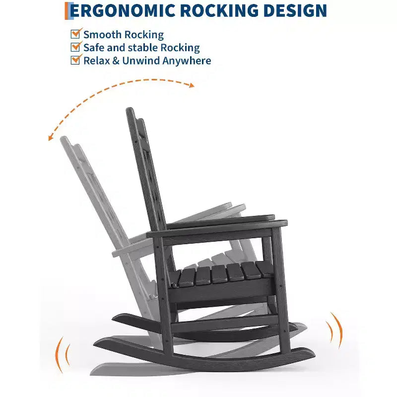 Outdoor Rocking Chair, HDPE Weather Resistant Patio Rocking Chair Porch Rocker with Wood Texture & 380Lbs Support for Deck, Pool, Backyard, Black