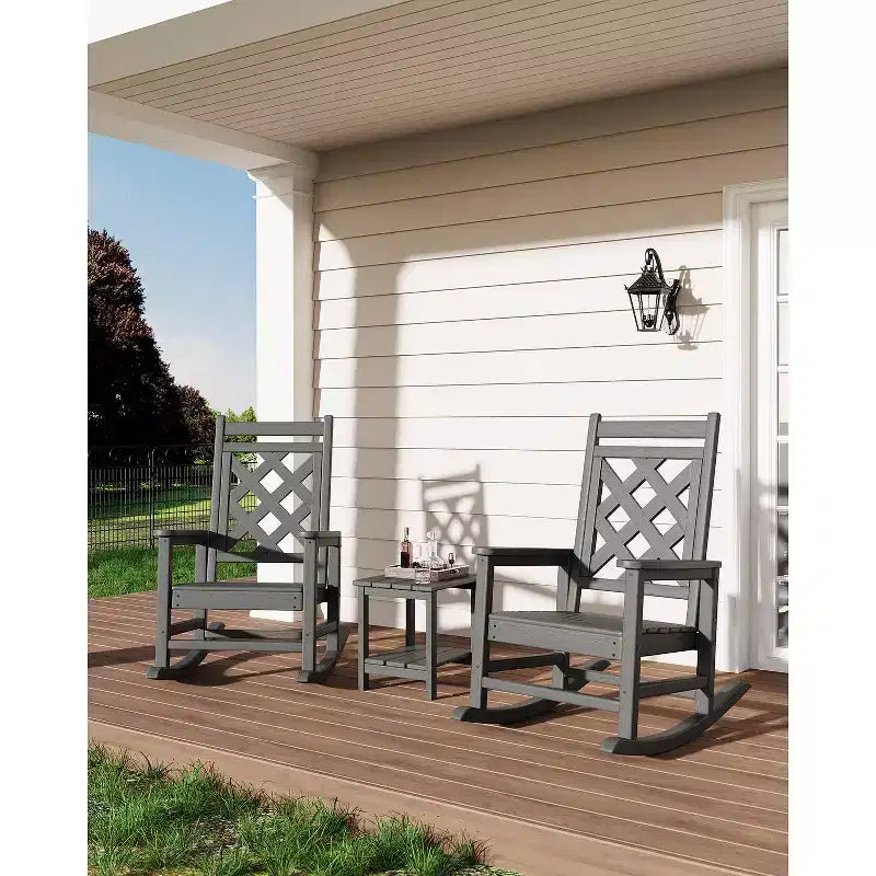 Outdoor Rocking Chair, HDPE Weather Resistant Patio Rocking Chair Porch Rocker with Wood Texture & 380Lbs Support for Deck, Pool, Backyard, Black