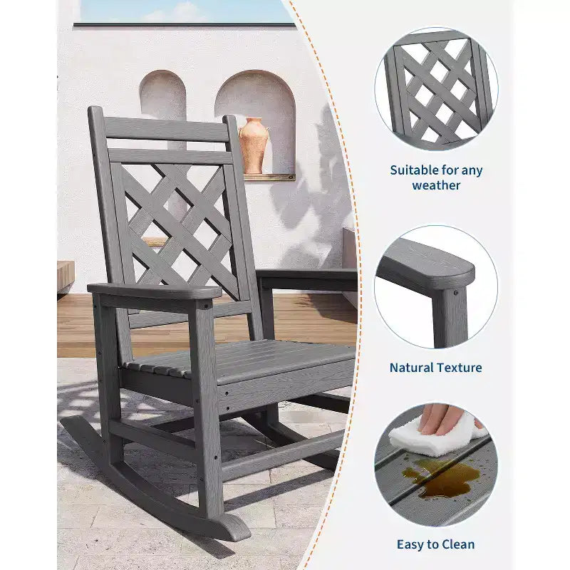 Outdoor Rocking Chair, HDPE Weather Resistant Patio Rocking Chair Porch Rocker with Wood Texture & 380Lbs Support for Deck, Pool, Backyard, Black
