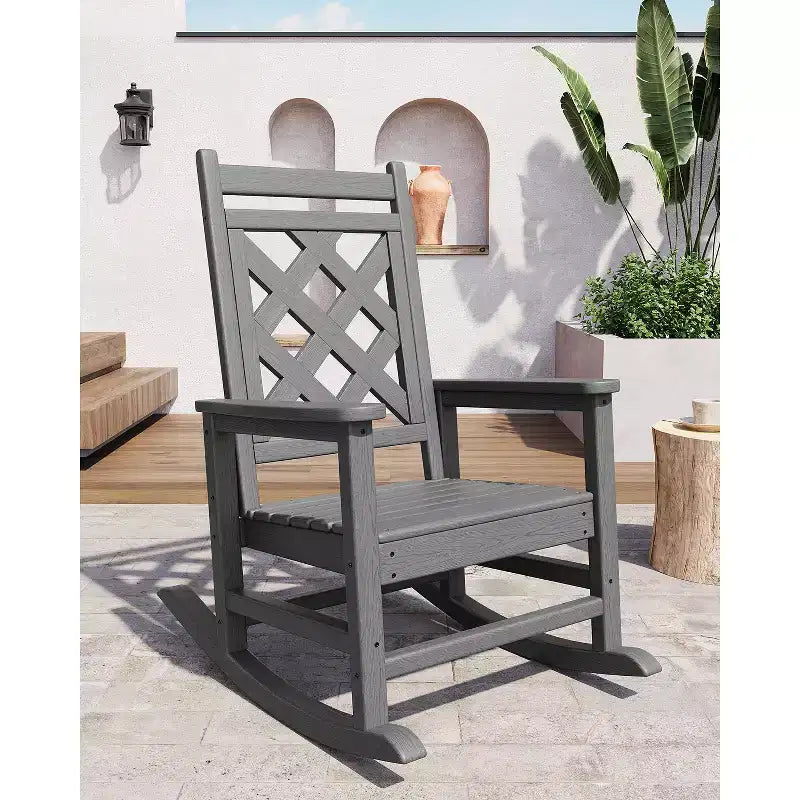 Outdoor Rocking Chair, HDPE Weather Resistant Patio Rocking Chair Porch Rocker with Wood Texture & 380Lbs Support for Deck, Pool, Backyard, Black